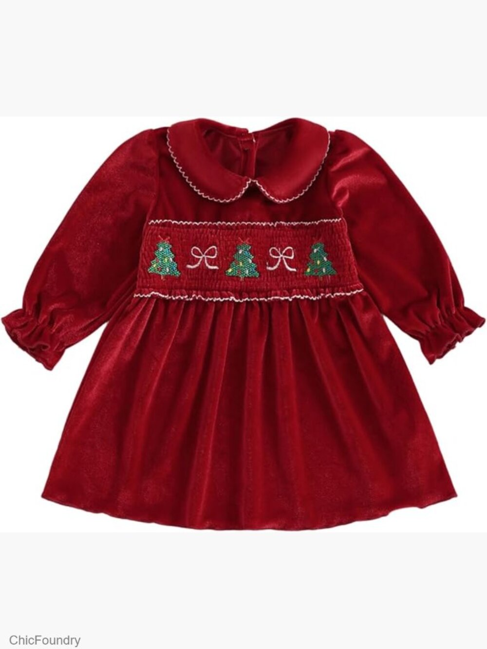 Toddler Girl Christmas Puff Sleeve Velvet Smocked Dress with Embroidery Tree